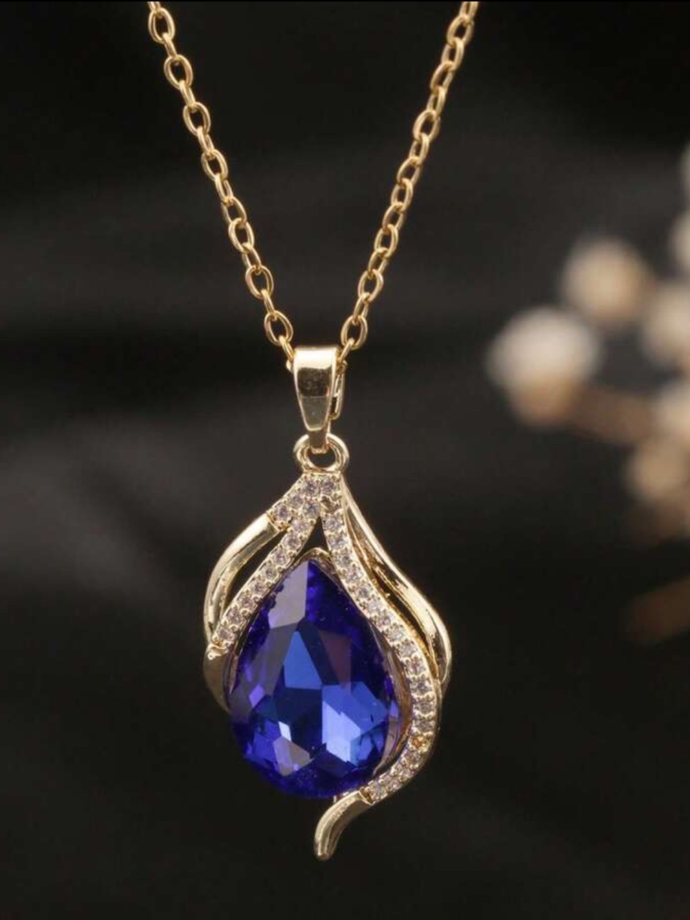 18K Gold-Plated Dark Blue Teardrop Crystal Pendant Necklace